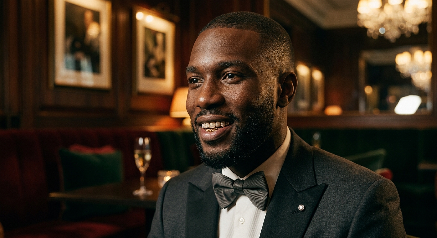 Man in tuxedo wearing custom 14K gold diamond grillz