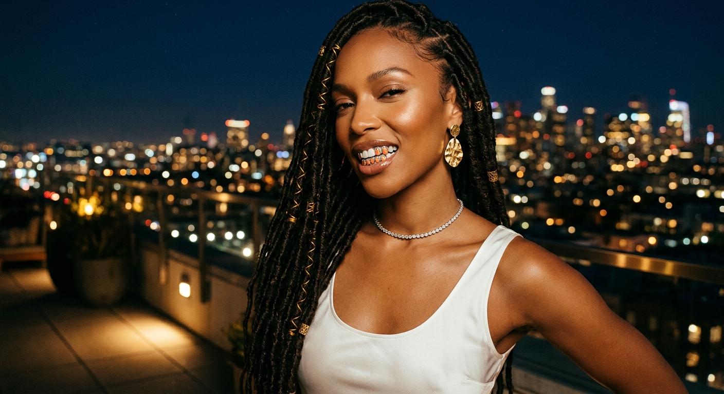 Woman with locs in white silk tank top wearing custom platinum fire opal grillz